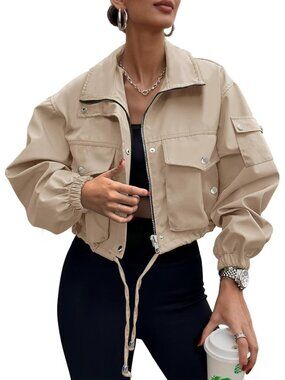 〽️Women's Khaki Lightweight Cropped Windbreaker Cargo Jacket Full Zip Streetwear